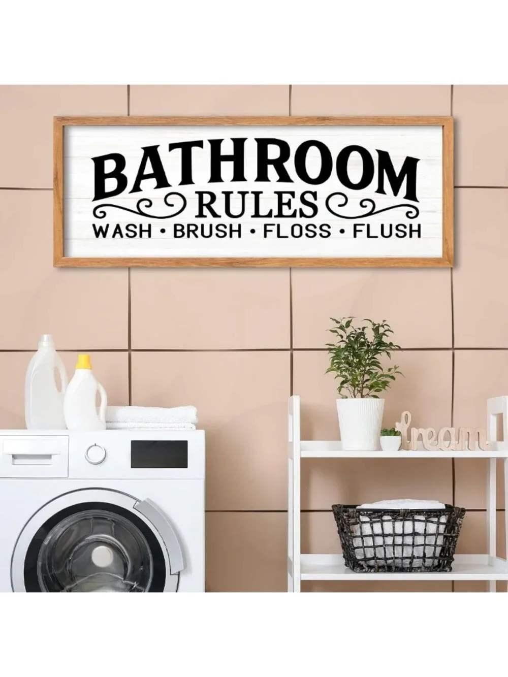 Funny Bathroom Rules Wall Art - Wooden Quote Sign for Home, Farmhouse, Restroom